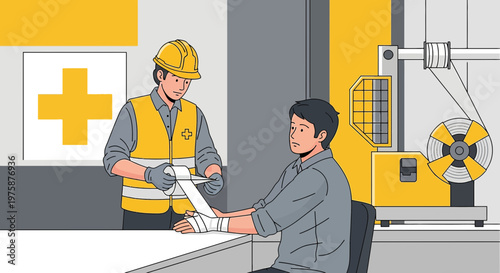 First Aid Worker Applies Bandage to Injured Worker's Hand at Industrial Site