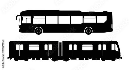 Silhouette of a Bus and a Train on a White Background