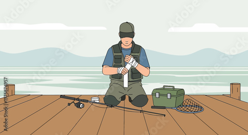 Fisherman Tying Bandage on Dock, Fishing Gear Ready, Calm Lake Background