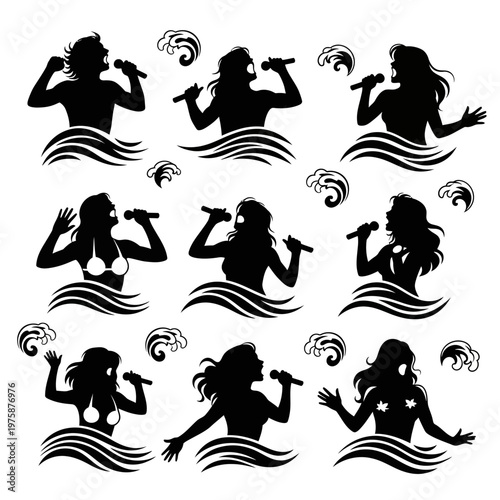 Silhouette Singers Performing on Stage with Waves and Musical Notes