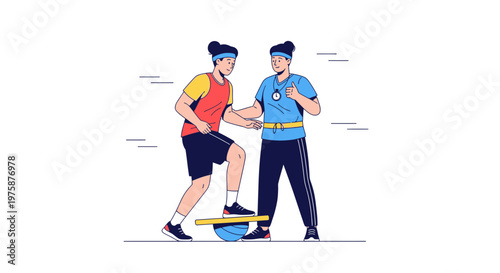 Fitness Trainer Assisting Client with Balance Board Exercise for Core Strength and Stability