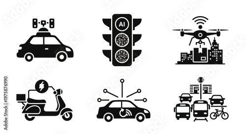 Smart City Transportation Icons: Autonomous Vehicles, AI Traffic Lights, Drones, E-Scooters