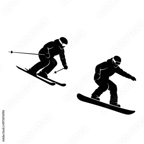Skiing and Snowboarding Silhouette: Dynamic Winter Sports Action