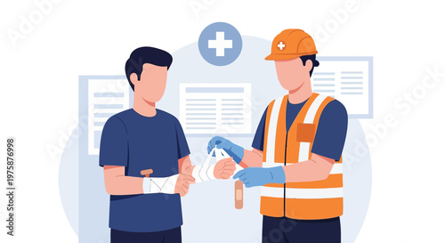 First Aid Worker Applies Bandage to Injured Man's Arm at Workplace