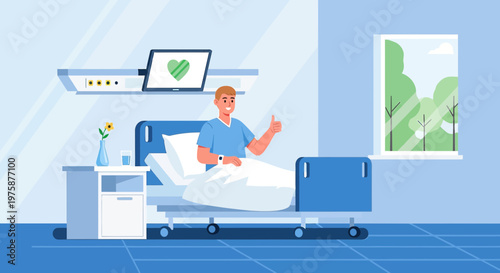 Happy patient giving thumbs up from hospital bed, recovery and healthcare concept