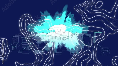 Animation of polar bear on glacier and moving network over city buildings at night