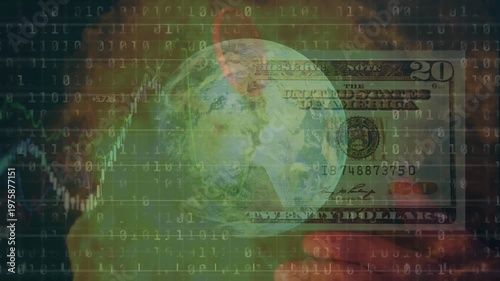 Animation of financial data processing with chip and globe over dollar bill and fire