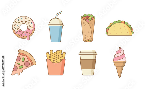 Vector illustration showcasing a delicious assortment of popular fast food items and takeaway drinks. Perfect for menus, apps, websites, and food-related designs, conveying a playful, convenient mood.