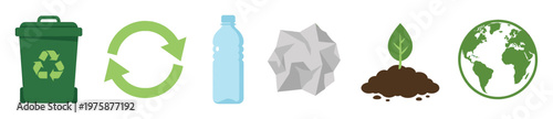 A set of vector icons for ecology and recycling concepts. Includes a bin, plastic bottle, paper, plant, and Earth globe for sustainability and conservation themes.