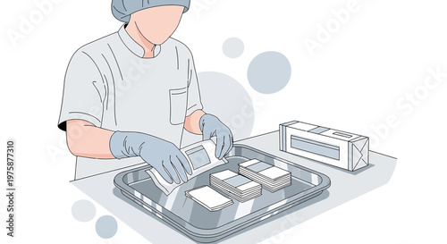 Healthcare worker in sterile gloves and cap preparing medical supplies on a tray