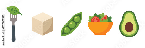 Vector collection of healthy vegan and plant-based food elements: avocado, tofu, salad, peas, and a leaf on a fork. Perfect for diet, organic food, and nutrition designs.