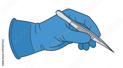Vector illustration of a doctor's hand in a sterile blue glove holding surgical tweezers. Symbolizes precision in medicine, science, and healthcare procedures.