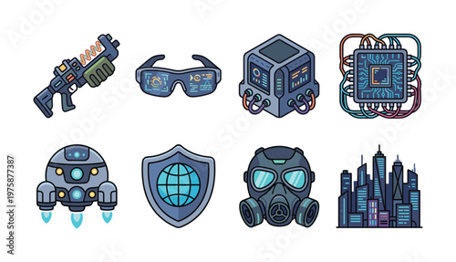 A colorful vector set of futuristic cyberpunk icons. Includes a blaster, AR glasses, CPU, and city. Perfect for sci-fi games, tech websites, and UI design.