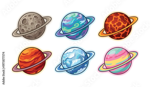Vibrant vector set of six cartoon planets with rings, each uniquely textured. Perfect for educational content, kids' designs, space exploration themes, and fun illustrations.