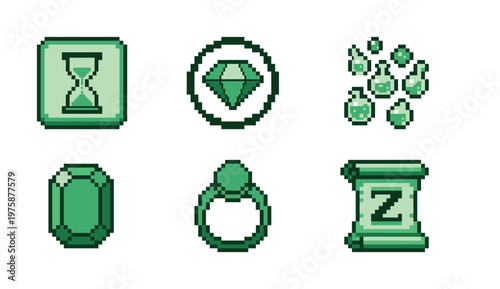 Collection of retro pixel art game icons featuring magic items and treasures in shades of green. Perfect for video games, apps, or nostalgic digital designs.