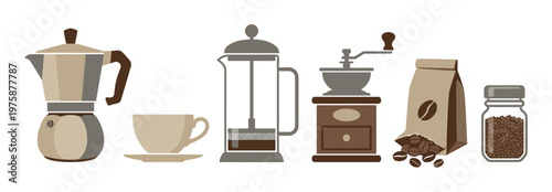 Vector illustration of coffee making equipment: moka pot, cup, French press, grinder, beans in bag and jar. Ideal for menus, blogs, or branding.
