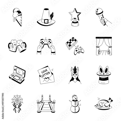 Set of Doodle Style Fun and Festive Icons 


