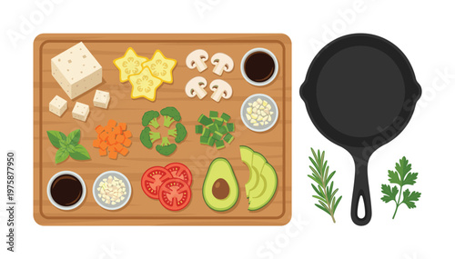 Top view flat lay vector illustration of fresh vegan cooking ingredients. Tofu, vegetables, and herbs on a cutting board ready for a healthy meal. Perfect for food blogs.