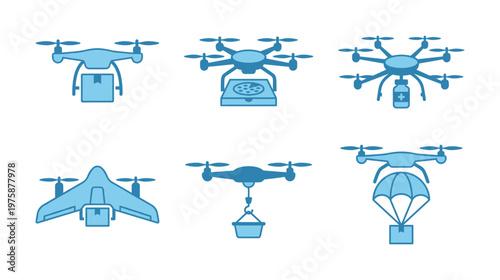 Modern blue drone delivery icons showing packages, pizza, medicine, and cargo. Ideal for logistics, e-commerce, and future technology designs.