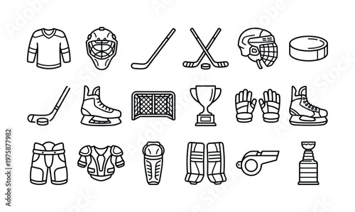 Comprehensive ice hockey equipment and accessories outline vector icons. Perfect for sports graphics, web design, apps, and educational materials.