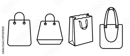 Vector set of black outline shopping bag icons. Ideal for e-commerce, retail, apps, and websites. Simple, modern, versatile design for sales and purchases.