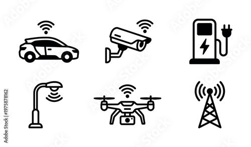 A collection of black line icons showcasing smart city technology: connected car, surveillance camera, EV charging, smart street light, drone, and communication tower. Ideal for tech, urban planning