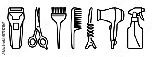 A clean, professional vector set of hairdressing and barber tools, including a clipper, scissors, comb, and hairdryer. Ideal for salon branding, websites, and beauty content.
