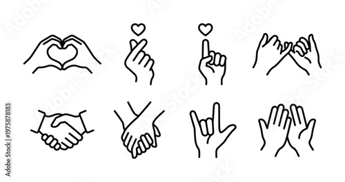 Collection of diverse hand gesture line icons, including love, friendship, and communication symbols. Ideal for apps, web design, and digital media needing connection visuals.