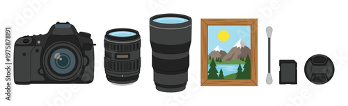 Vector illustration showcasing essential photography equipment: DSLR camera, various lenses, framed landscape picture, cleaning pen, and SD card. Ideal for photography enthusiasts and travel content.