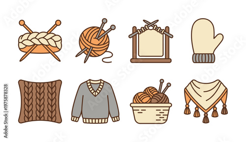 Vector icon set for a knitting hobby. Includes yarn, needles, and cozy handmade clothes like a sweater and mitten. Perfect for craft blogs and winter designs.