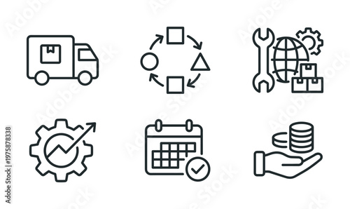 Vector icons illustrating business logistics, operations, finance, and planning concepts. Ideal for websites, presentations, and applications needing clear, modern symbols.
