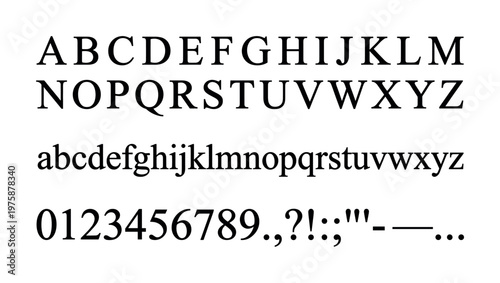 Complete set of a classic serif font, including uppercase and lowercase alphabet, numbers, and punctuation. Perfect for elegant design and typography projects.