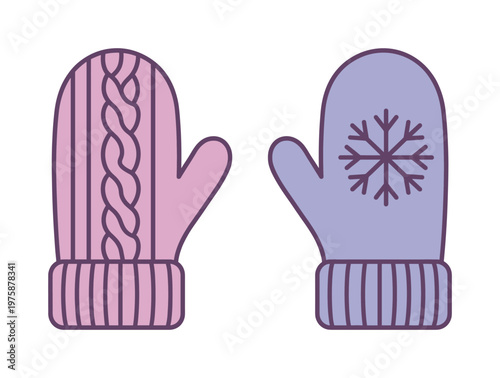 A charming vector illustration of two cozy, knitted winter mittens in pastel colors. One pink mitten has a cable knit, the other purple one has a snowflake.
