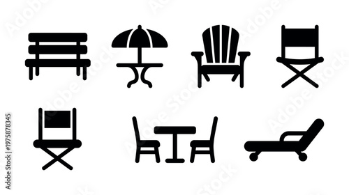 A set of black silhouette icons representing outdoor patio and garden furniture. Includes bench, chair, table, and lounge. Perfect for web design and travel concepts.