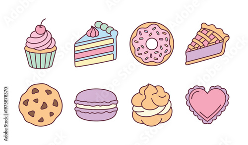 A cute collection of pastel desserts and sweets icons. Vector set for bakery, candy shop, or party design. Includes cake, cupcake, donut, cookie, and macaron.