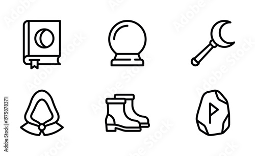 Vector outline icons illustrating magical and fantasy elements: book, crystal ball, moon knife, hood, boots, rune. Perfect for games, apps, web design, or mystical themes.