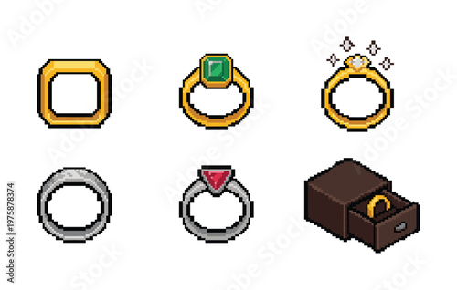 A vibrant pixel art collection featuring various rings, including gold, silver, and gemstone designs, plus a jewelry box. Ideal for games, apps, and retro themes.