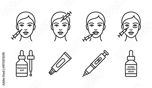 Set of line icons for cosmetology. Includes facial injections, botox, fillers, hyaluronic acid serum. For beauty clinics, dermatology, and aesthetic medicine.
