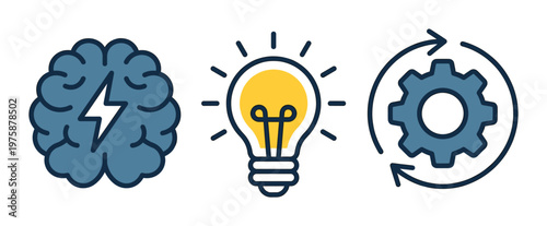 Engaging vector icons symbolizing brainstorming, innovative idea generation, and systematic workflow. Ideal for business, tech, education, and strategic presentations.