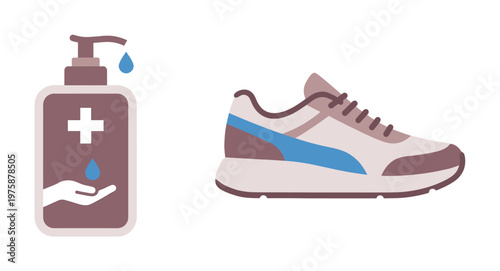 Flat design vector illustration of a hand sanitizer bottle and a modern running shoe. Perfect for health, hygiene, fitness, and sport-related digital content.