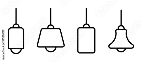 Minimalist vector icon set featuring four different outline hanging ceiling lamps. Ideal for interior design, architectural plans, home decor websites, and modern applications.