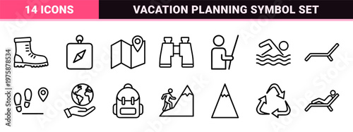 Minimalist travel and tourism outline icon set for vacation and outdoor adventures