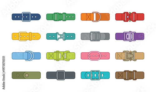 A colorful vector set featuring various belt buckles and strap fasteners in a modern flat design. Ideal for fashion, accessory, craft, and outdoor product illustrations, web, or app elements.