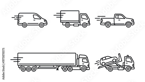 Dynamic vector outlines of diverse delivery vehicles: van, truck, pickup, semi-trailer, tow truck. Perfect for illustrating fast shipping, logistics, and transportation services.