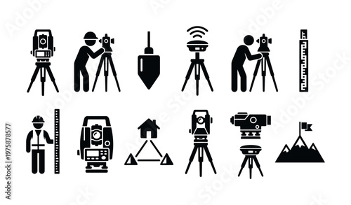 Professional surveying and geodesy equipment vector icons set, ideal for engineering, construction, architecture, and educational design needs. Depicts tools and processes.
