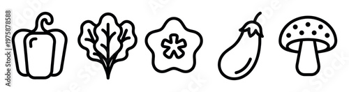Clean black outline vector icons featuring bell pepper, lettuce, sliced pepper, eggplant, and mushroom. Ideal for healthy food concepts, recipes, or nutrition apps.