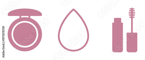 A set of pink cosmetic icons. Includes powder, a beauty sponge, and mascara. Minimal vector illustration perfect for beauty blogs, websites, and cosmetic branding.