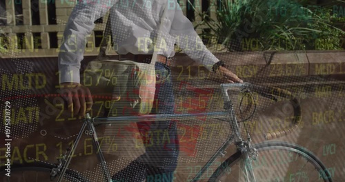 Animation of stock market data processing over mid section of man with bicycle walking on the street