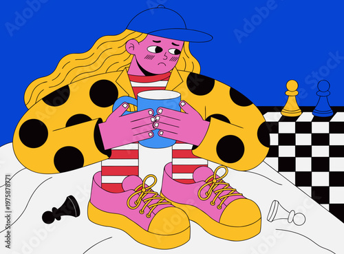 Young woman sitting on bed holding a cup with chess pieces nearby  