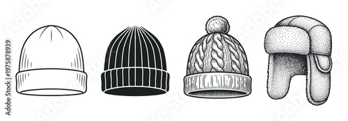 Set of hand drawn winter hats. Collection of beanie, pompom hat, and ushanka in a vintage engraving style. Vector illustration for apparel design or winter graphics.